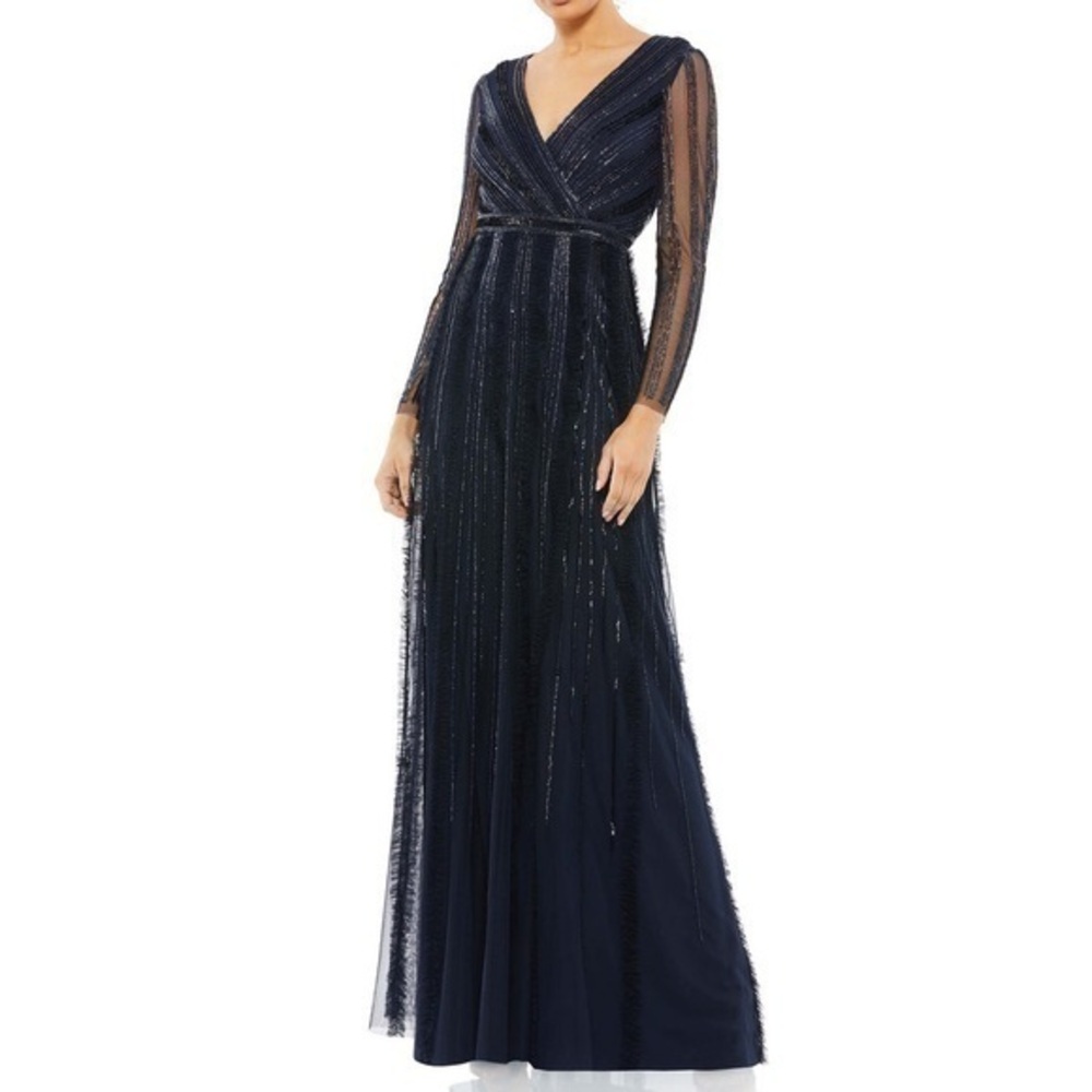 Mac Duggal Navy Faux Wrap Illusion Long Sleeve‎ Sequin Beaded Gown Size 14